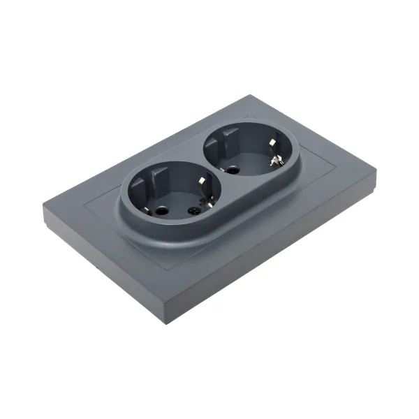 Механизм розетки двойной, 16А, с заземлением, со шторками, с рамкой, графит Эпика EKF