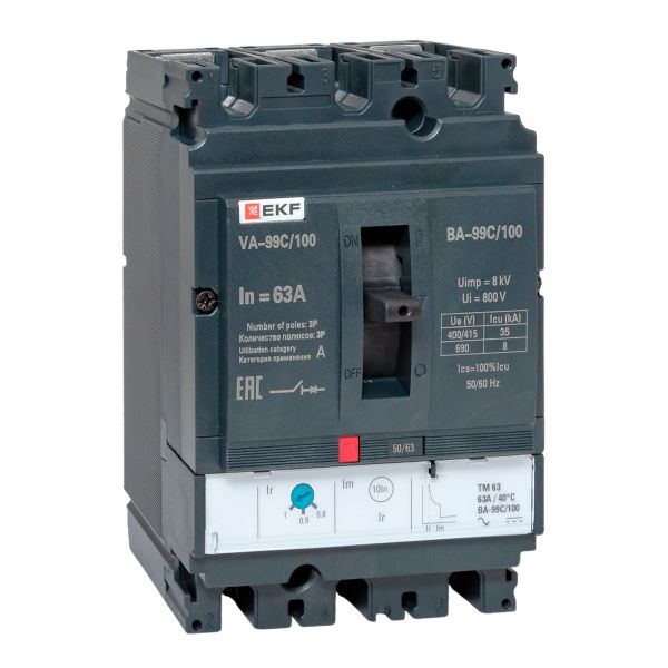 Выключатель автоматический в литом корпусе ВА-99C 100/63А 3P 35кА с термомагнитным расцепителем EKF
