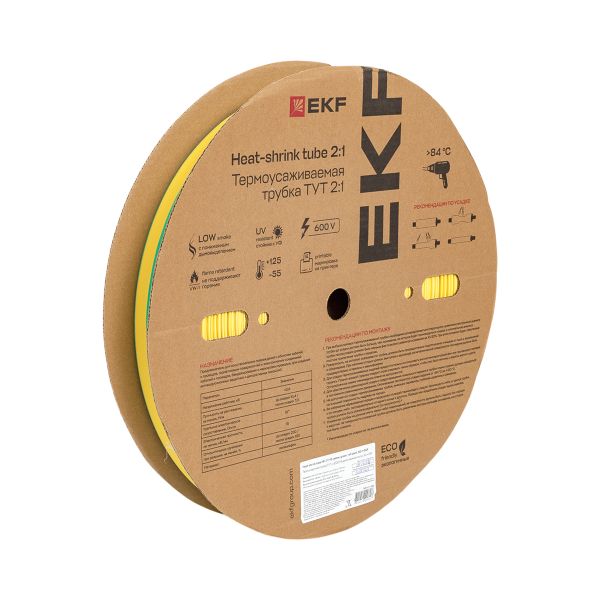 Термоусаживаемая трубка ТУТ нг 25/12,5 жел-зел рулон EKF PROxima tut-25-yg