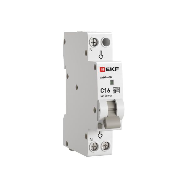 Автоматический выключатель дифференциального тока АВДТ-63М 1P+N 18мм 16А характеристика С 30мА тип AС электронный 6кА PROXIMA EKF