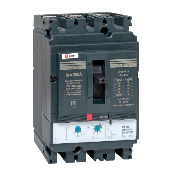 Выключатель автоматический в литом корпусе ВА-99C 250/200А 3P 45кА с термомагнитным расцепителем EKF