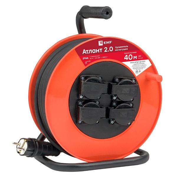 Удлинитель на катушке "Атлант 2.0" 4 гнезда 40м с заземлением ПВС 3*1,5 16А/3,5кВт IP44 PROxima EKF