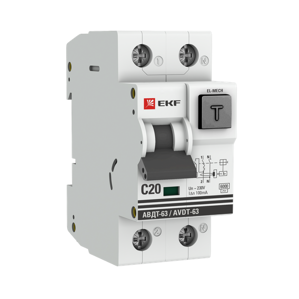 Автоматический выключатель дифференциального тока АВДТ-63 1P+N 20А характеристика C 100мА тип AС электромеханический 6кА EKF PROXIMA