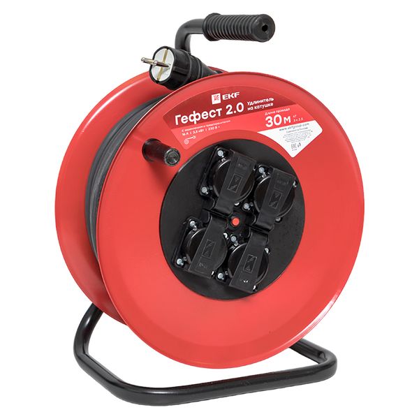 Удлинитель на катушке "Гефест 2.0" 4 гнезда 30м с заземлением и предохранителем КГхл 3*2,5 16А/3,5кВт IP44 PROxima