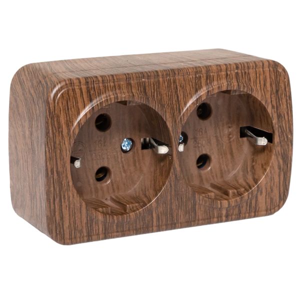 Розетка 2-местная ОП Минск 16А с заземлением тёмное дерево EKF