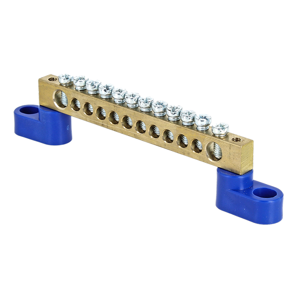 Шина "0" N (6x9мм) 12 отверстий латунь 2 синих угловых изолятора EKF PROxima