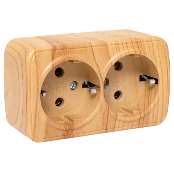 Розетка 2-местная ОП Минск 16А с заземлением светлое дерево EKF