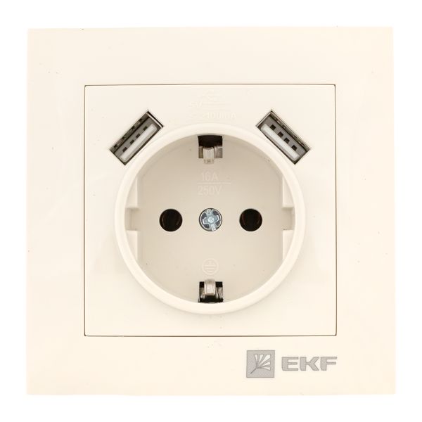 Валенсия розетка 1-местная с/з 16А кремовая с защ. штор. с 2 USB 2,1А EKF