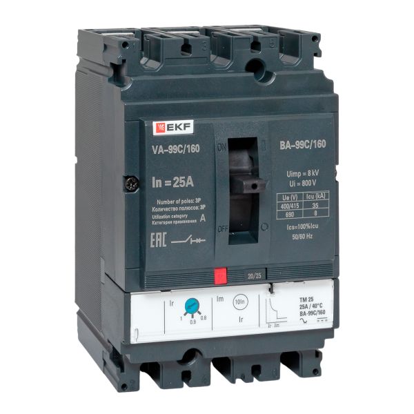 Выключатель автоматический в литом корпусе ВА-99C 160/25А 3P 35кА с термомагнитным расцепителем EKF