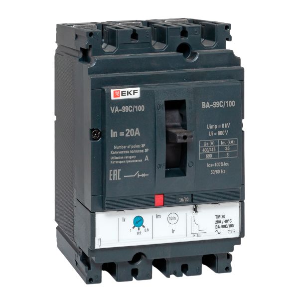 Выключатель автоматический в литом корпусе ВА-99C 100/20А 3P 35кА с термомагнитным расцепителем EKF