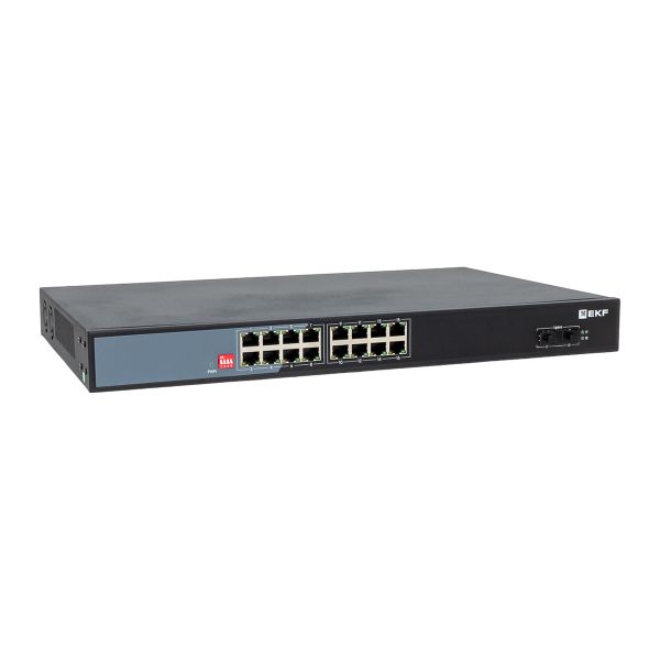 Промышленный неуправляемый коммутатор U-2GX/SFP-16GTP-R, 2 порта 1000Base-X SFP, 16 портов 10/100/1000Base-T(X) RJ45 c PoE, монтаж в 19" стойку TSX EKF TSX-U-2GX/SFP-16GTP-R