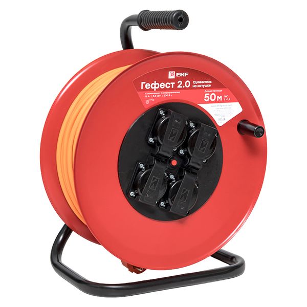 Удлинитель на катушке "Гефест 2.0" 4 гнезда 50м с заземлением и предохранителем КГхл 3*1,5 16А/3,5кВт IP44 PROxima